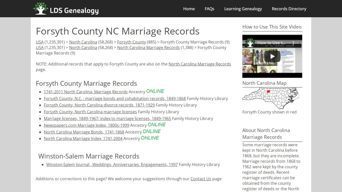 Forsyth County NC Marriage Records - LDS Genealogy